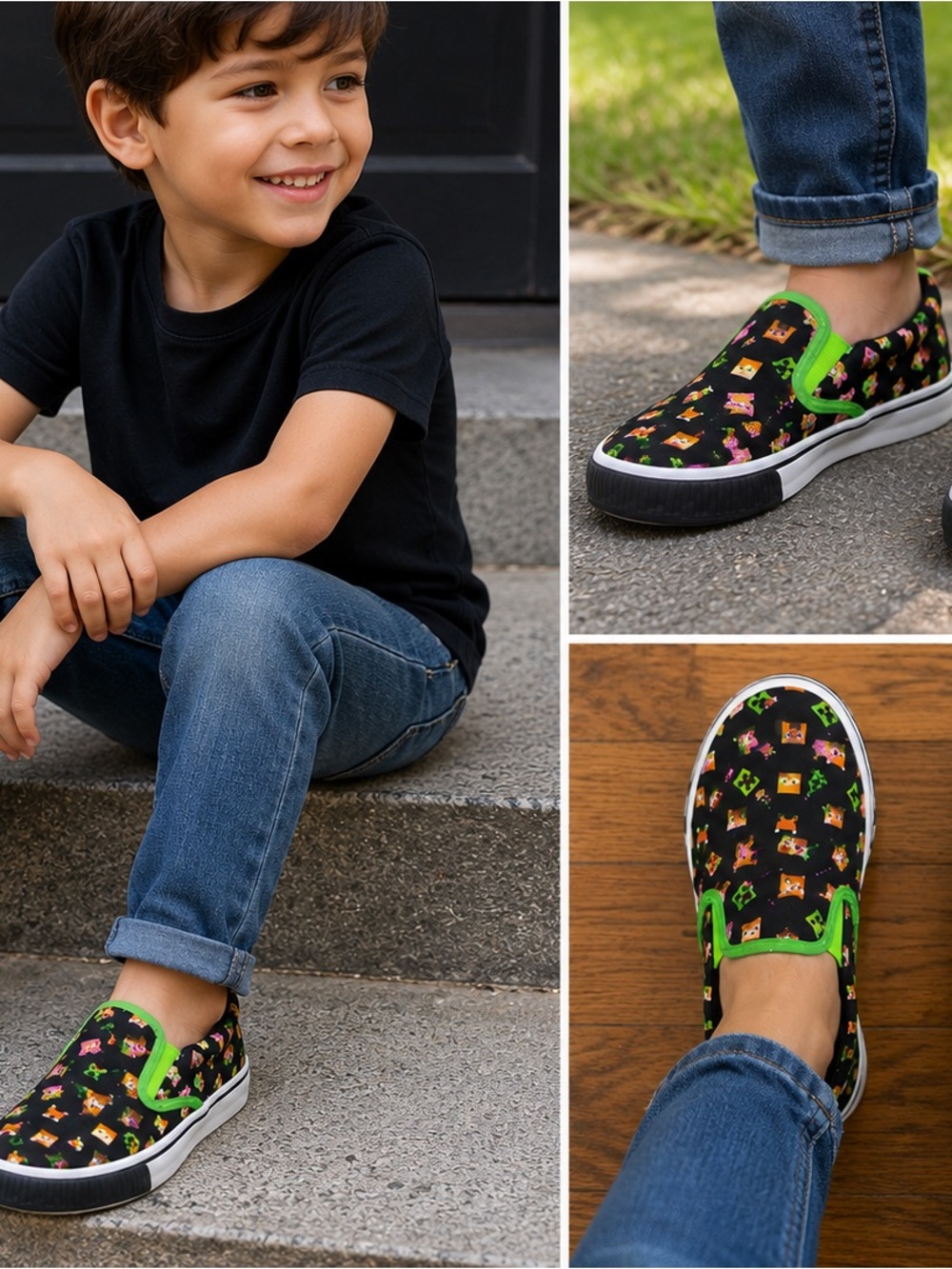 Kids Black Slip-On Sneakers with Neon Green Trim and Character Print